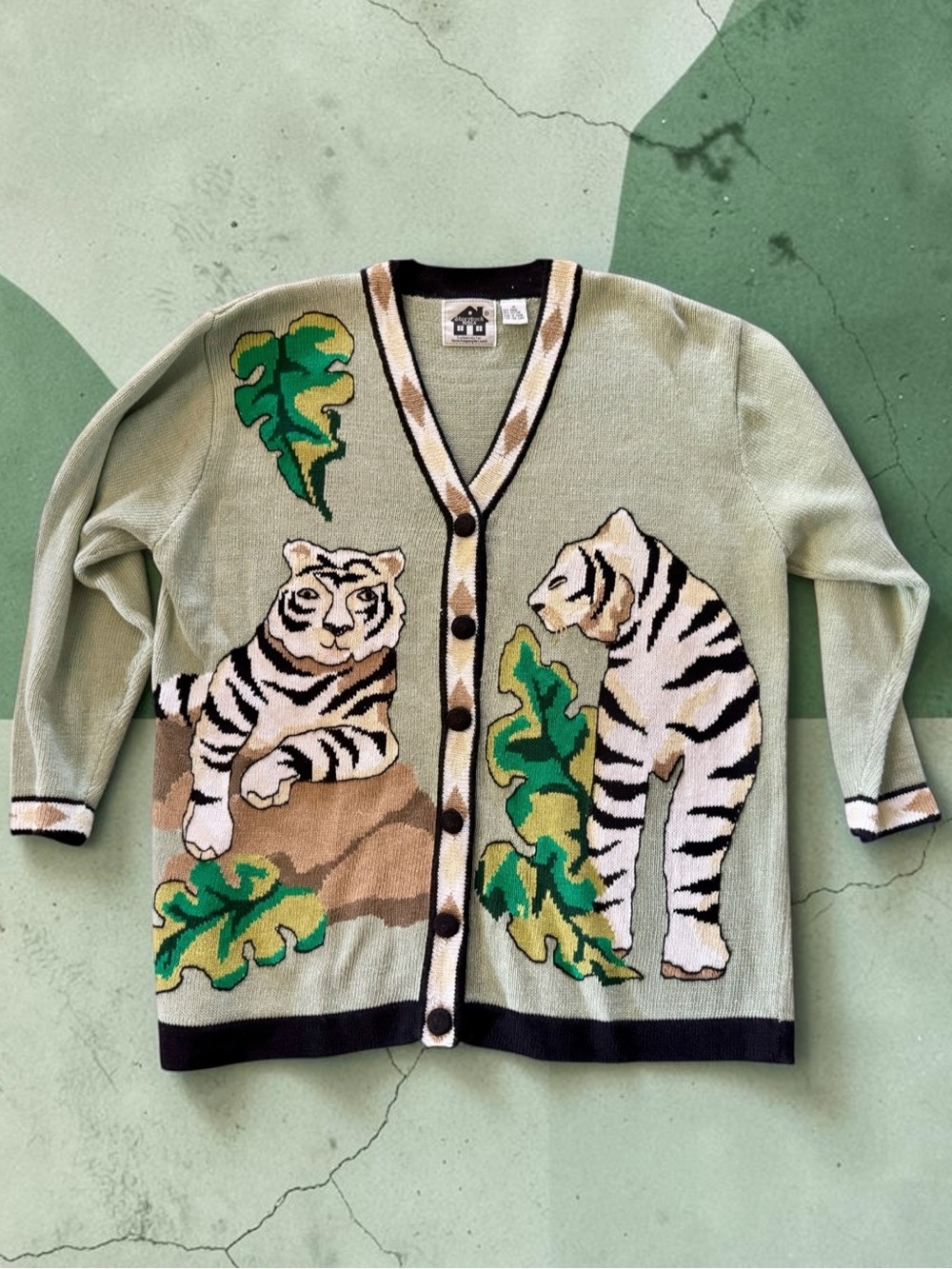 Vtg 90s Storybook Knits Green Tiger Cardigan Sweater 1X Big Cats Tribal Festive